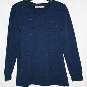 Quacker Factory Long Sleeve Navy with Acrylic Crystals T-Shirt X-Small